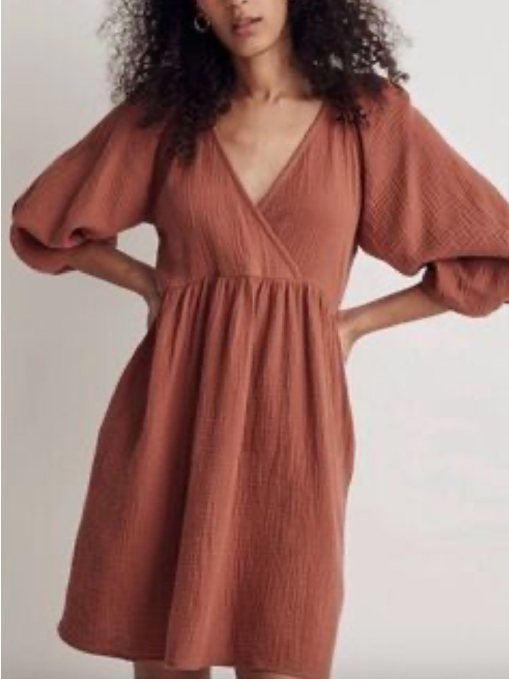 Madewell Marianna Cotton Gauze Puff Sleeve Faux Wrap Dress Rust Size M